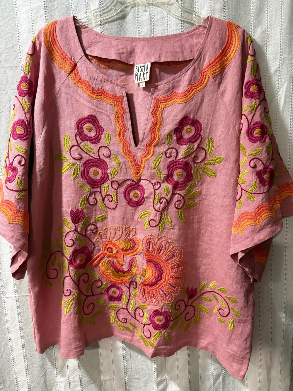 Sister Mary Pink Embroidered Floral Linen Tunic